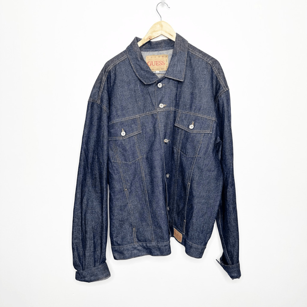 VTG 90s GUESS JEAN Trucker JACKET raw selvedge denim dark wash XXXXL 4XL - Picture 2 of 8